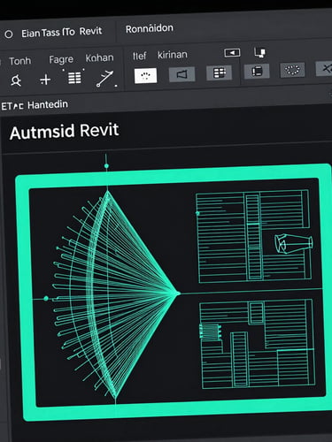 Sleek technical software photography of the Autodesk Revit ribbon interface, dark mode UI screenshot with sharp neon cyan highlights, high contrast