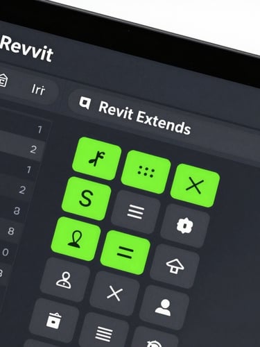 Sleek technical software photography showing a close-up of the Revit ribbon interface, custom Revit Extends tab, active tool buttons highlighted in neon cyan, dark mode UI, sharp technical lighting.