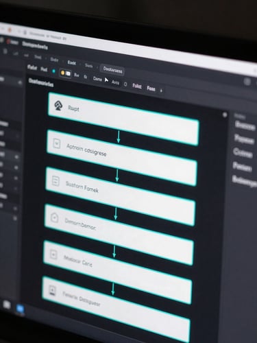 Sleek technical software diagram showing clean database structure and Revit ribbon wireframe, dark mode UI glow, sharp neon cyan lines, high contrast