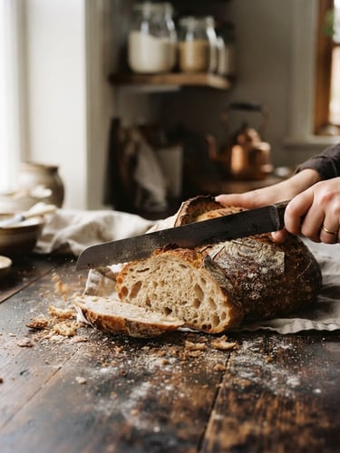 Rustic sourdough loaf being sliced on a dark wood table, crumbs scattering, warm editorial photography, soft natural window light, Scandinavian kitchen aesthetic, 35mm