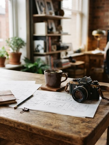 Warm editorial photography of a creative agency studio, a rustic wooden desk with storyboard papers, a vintage camera, and a ceramic cup of coffee, soft natural window light from the left, 35mm