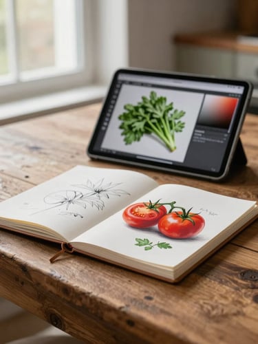 Warm editorial photography of a rustic wooden table with sketchbooks, digital tablet showing color palettes of fresh tomatoes and green herbs, soft natural window light, shallow depth of field, 35mm