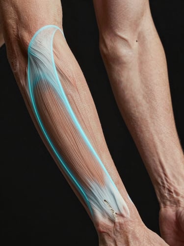 Close-up of forearm skin deformation study in Maya viewport, before-and-after weight influence comparison, cyan-blue rim light on muscle topology, dark background, technical precision framing showing edge loop density