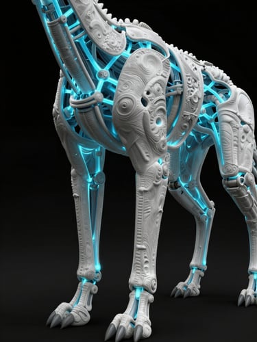 Close-up tight crop of a fully rigged quadruped creature in Maya viewport, cyan-blue joint chains glowing against deep black background, visible skinning deformation on limb joints, engine-preview volumetric lighting, technical viewport mode
