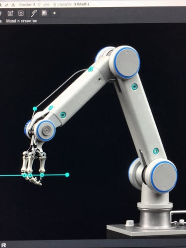 Close-up Maya viewport showing a joint orientation diagnostic tool UI with cyan-highlighted axis indicators on a mechanical arm rig skeleton, dark background, precise blue rim light defining the bone geometry structure