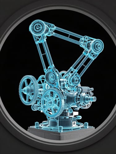 Overhead technical viewport study of a mechanical mech rig in Maya, visible gear-train and piston constraint chains highlighted in cyan-blue, deep black background, precise joint hierarchy visible in wireframe overlay, engine-grade technical lighting