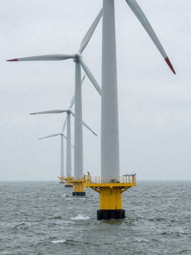 Close-up wide shot of offshore wind turbine bases rising from grey-green sea water, turbine towers filling the left half of the frame, natural overcast daylight giving cool even illumination, spray visible at the base, scale emphasised by the compressed perspective