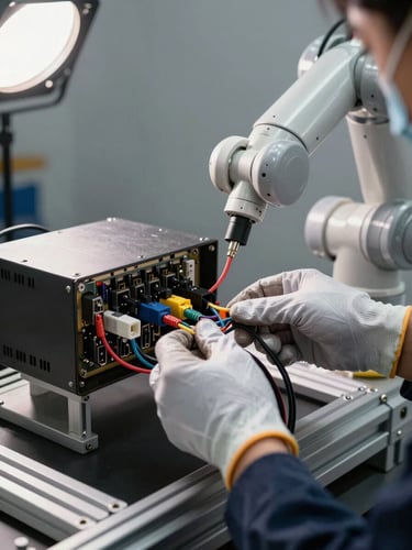 Close-up of a technician's gloved hands connecting a cable harness to a robotic control unit mounted on a steel frame, precision connectors and labelled wiring visible, clean studio-quality directional light from the upper left casting sharp shadows across the mechanism, tight framing that emphasises the physical connection and system detail