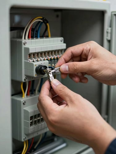 Close-up of an engineer's hands connecting wiring inside an industrial electrical panel, clean studio light from the left illuminating precise cable routing and metal terminals, tight framing showing the mechanism and connection detail, carbon-grey surroundings