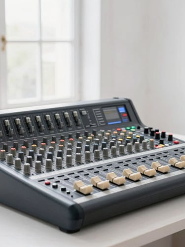 Bright editorial photograph of a professional analog mixing console under soft natural window light, clean white studio background, high-key lighting.