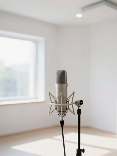 Bright editorial photography of a clean white recording studio interior with natural window daylight, showing a high-end microphone setup on a stand with a shallow depth of field.