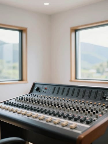 Bright, sunlit recording studio interior with clean white walls, a high-end analog mixing console in the foreground, large windows looking out to soft-focus green mountains, warm natural daylight.