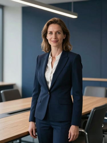 Professional editorial portrait of a female financial executive in a modern Swiss boardroom in Zug, soft diffused natural daylight, deep navy background, sharp focus, 35mm