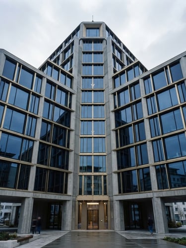 Low-angle architectural shot of a modern concrete and glass financial building in Zug, cool diffused overcast daylight, sharp reflections, highly symmetrical composition, 35mm