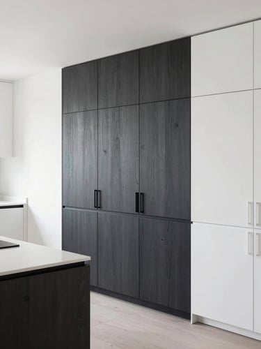 Bright architectural portrait of high-end custom-built wooden cabinetry in a modern kitchen, seamless joints, elegant minimalist hardware, soft natural daylight, clean lines.