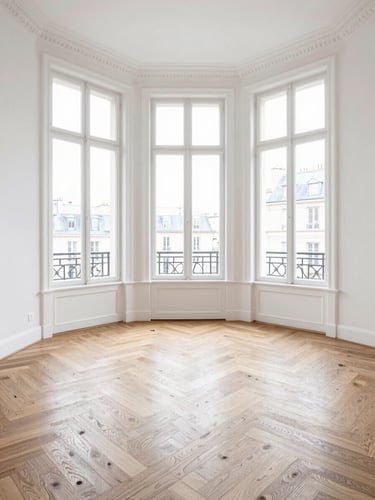 Immaculate classic Parisian apartment with restored oak point de Hongrie parquet flooring, bright daylight streaming through tall windows, white walls