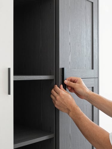 Detailed close-up architectural shot of a craftsman's hands adjusting a custom-built dark oak cabinet door, seamless joints, precise modern hardware, soft natural daylight.