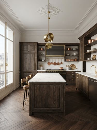 Architectural wide-angle shot of a luxury Parisian kitchen with white marble countertops, bespoke dark oak cabinetry, integrated brass fixtures, soft natural morning light pouring through a tall window.