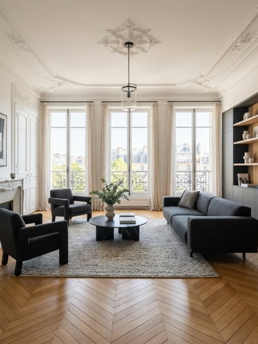 Bright luxury Parisian apartment living room with immaculate herringbone oak parquet flooring, high ceilings with ornate plaster moldings, large windows letting in soft natural daylight, minimalist modern furniture