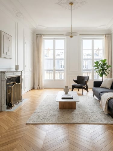 Immaculate completed Parisian living room with perfectly laid oak chevron parquet catching natural daylight, clean white plaster walls, elegant minimalist moldings, architectural wide shot.