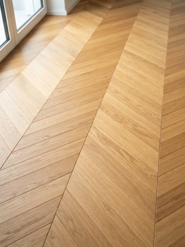 Close-up of a perfectly restored oak herringbone parquet floor catching natural morning light, clean lines, pristine finish, architectural detail