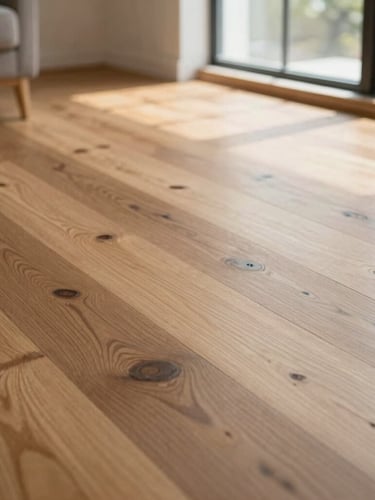 Wide-angle architectural crop of a light-filled modern living room, low-angle shot showing rich character-grade oak flooring with natural grain and knots, soft daylight streaming from a window, 35mm photography
