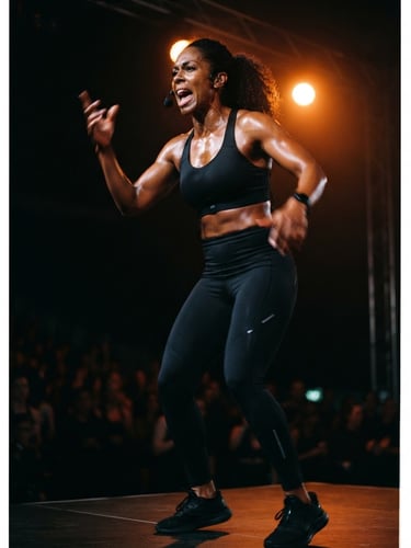 Low-angle heroic crop of a fitness instructor commanding the podium under dramatic neon amber spotlights, sweat-glistening skin, high contrast, deep shadows, motion blur, 35mm