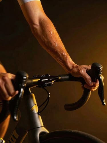 Close-up of a rider's sweat-glistening hand gripping handlebars in a dark studio, neon amber backlighting, motion blur, low-angle heroic crop, 35mm.