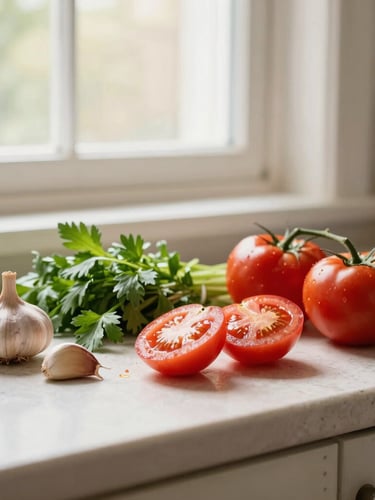 Bright editorial food photography, soft lateral window light, a rustic kitchen counter with fresh herbs, garlic, and chopped tomatoes, warm organic tones, shallow depth of field.