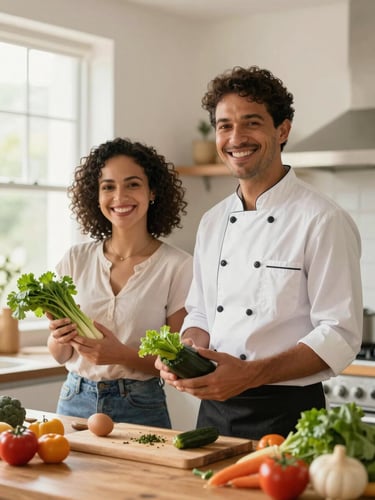 Bright editorial portrait of a Brazilian male and female home cooks smiling in a warm kitchen, soft natural side lighting, holding fresh vegetables, professional 50mm lens.