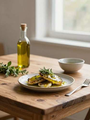 Bright editorial food photography, soft lateral window light, a rustic wooden table with fresh herbs, olive oil, and a ceramic bowl, 50mm lens, warm tones