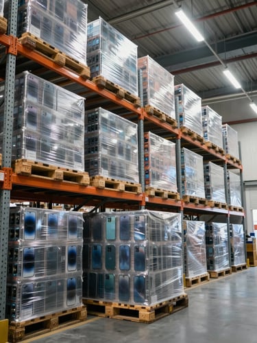 Wide environmental shot of a highly secure European electronics distribution warehouse, shrink-wrapped pallets of premium smartphones on high metal racks under cool bright commercial lighting