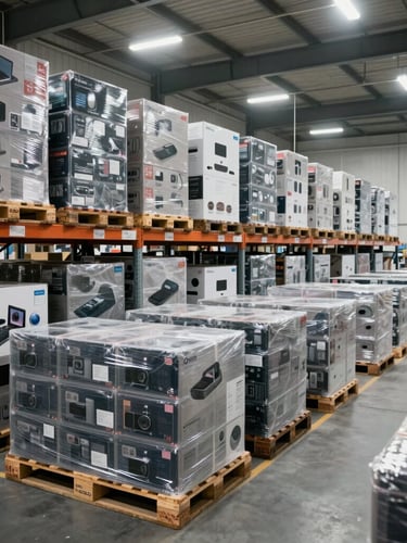A high-density secure warehouse in Barcelona, clean rows of shrink-wrapped pallets containing premium consumer electronics, cool bright commercial lighting, wide environmental shot.