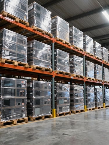 Wide-angle view of a high-density secure logistics warehouse, shrink-wrapped pallets of premium electronics stacked on steel racks, cool bright commercial lighting, clean concrete floor.