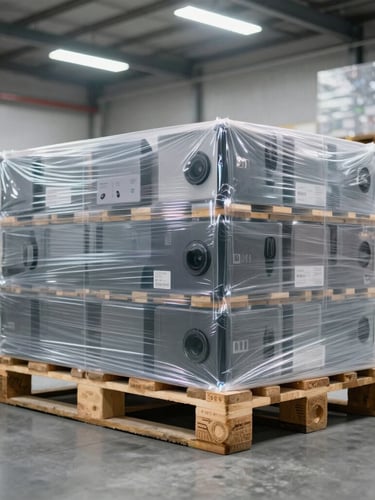 Precise medium shot of shrink-wrapped pallets of premium electronics inside a secure, brightly lit modern warehouse, cool commercial lighting, clean slate concrete floor.