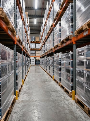 A high-density secure warehouse corridor in Barcelona, clean concrete floor, shrink-wrapped pallets of premium electronics stacked neatly on high steel racks, cool bright commercial lighting.