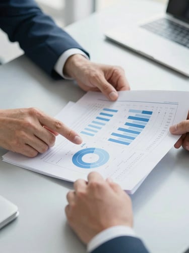 Close-up of professional hands analyzing structured charts and corporate documents on a clean slate-gray desk, bright natural light.