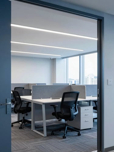 Clean, bright corporate office interior in São Paulo, structured desks, professional architectural framing, cool blue and slate tones, natural light.