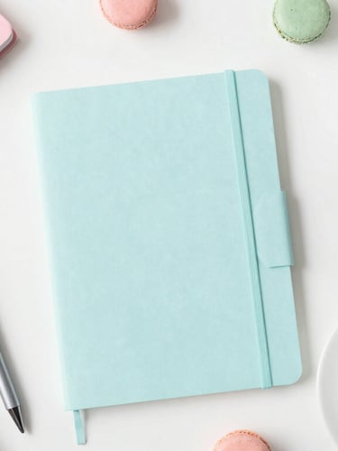 Airy minimalist overhead flat-lay of colorful pastel notebooks, neat pens, and a coffee cup on a clean white desk, soft diffused daylight, 35mm lens