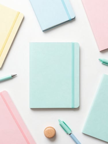 Overhead flat-lay of an organized desk with colorful pastel notebooks, mint pens, and soft diffused morning light, clean minimalist composition