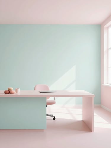 Airy minimalist office interior in Davenport with soft pastel mint and blush pink accents, bright diffused daylight, expansive negative space