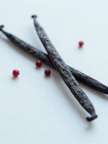 Close-up of vanilla pods and red berries on a white surface, soft diffused daylight, elegant editorial composition, 50mm lens, pastel blue and white tones.