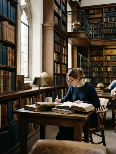 Academic library interior with soft natural light, leather-bound books, deep blue and warm gold tones, editorial photography, 35mm