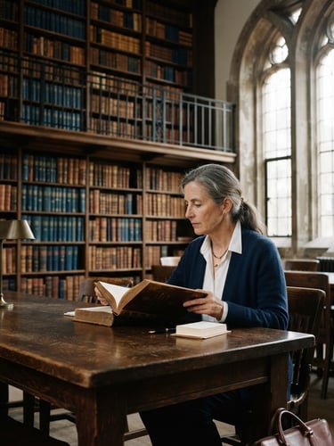 A quiet academic library with soft natural light filtering through tall windows, leather-bound books on dark wood shelves, elegant scholarly atmosphere, editorial academic photography, 35mm