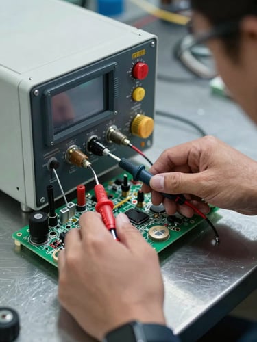 Close-up of a technician's hands connecting diagnostic probes to an appliance control board on a steel workbench, cool overhead light, metallic tool reflections, sharp documentary focus