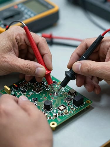 Close-up of a technician's hands using a multimeter probe on circuit board components, cool workshop light, metallic rim highlights on the board edges, shallow depth of field with tools visible in the background, documentary framing
