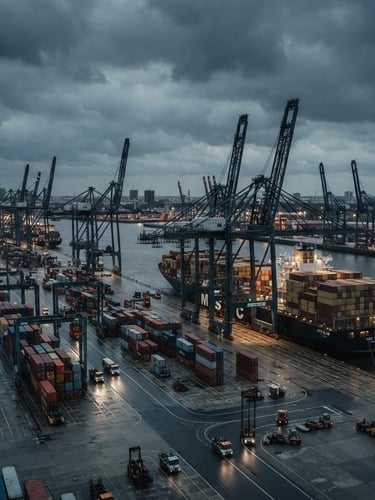 Industrial editorial photography of a massive cargo port at overcast dusk, towering container cranes casting sharp silhouettes, steel-gray tones, wide-angle heroic framing.