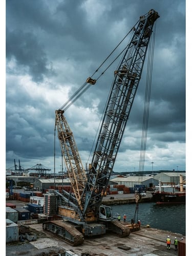 Low-angle heroic shot of a massive crawler crane against a dramatic overcast sky at an industrial port, desaturated steel and blue tones, 35mm