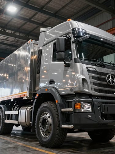 Low-angle heroic shot of a heavy-duty flatbed truck loaded with commercial chassis under harsh warehouse overheads, high-contrast industrial lighting, sharp metallic textures.