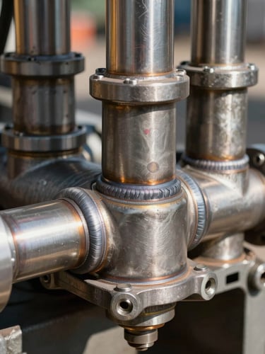 Tight macro crop of heavy equipment hydraulics and chassis welds under direct midday sun, highlighting metallic textures and industrial precision, 21:9 framing.